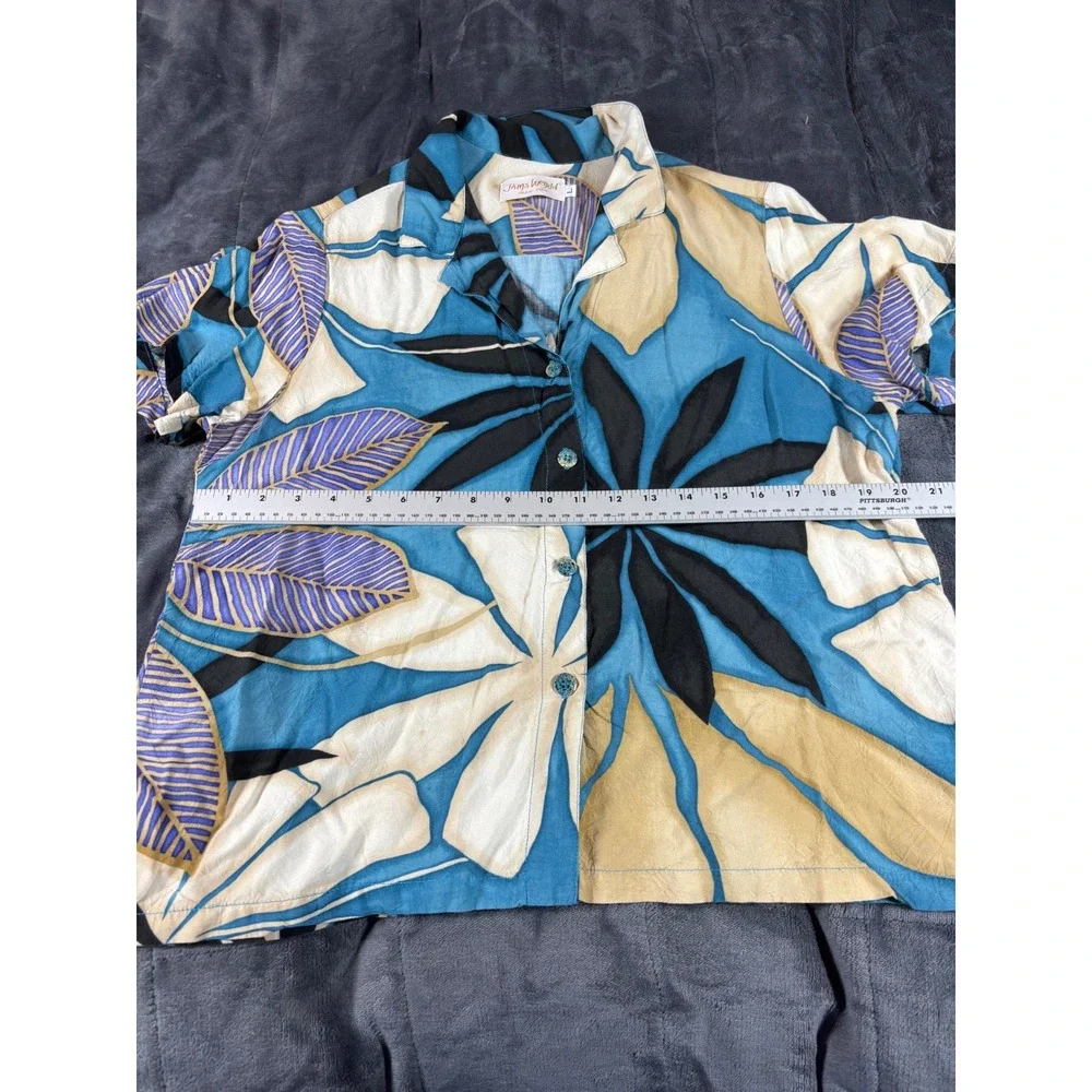 Jams‎ World Womens Large Blue Purple Tropical Leaf Button Up Shirt Rayon Aloha
